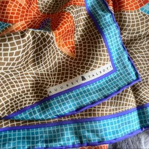 Audrey Talbott silk scarf in tan, blue & orange mosaic floral pattern, 16.5x68”